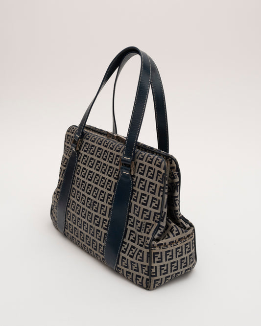 90s Rare FENDI Navy Zucchino Kiss Lock Bag