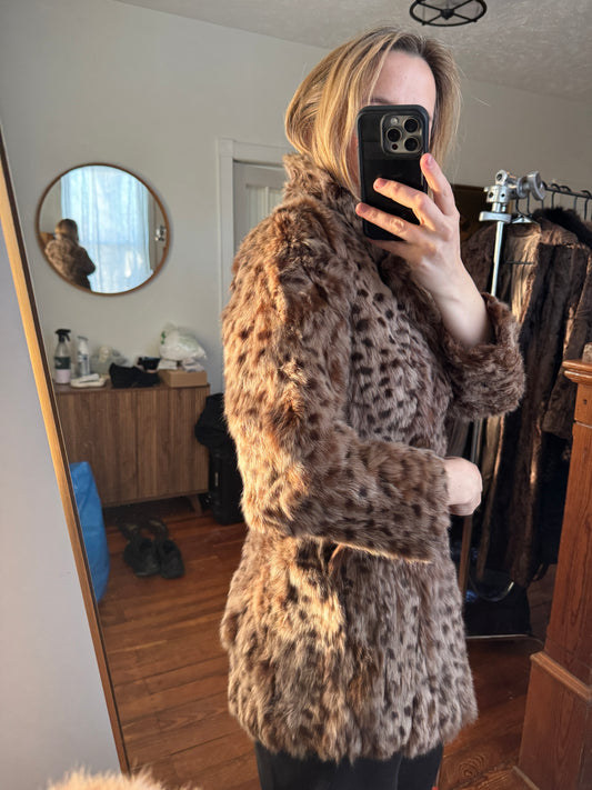 90s LOIS CRAYON Deer Print Rabbit Fur Coat (S)(as is)