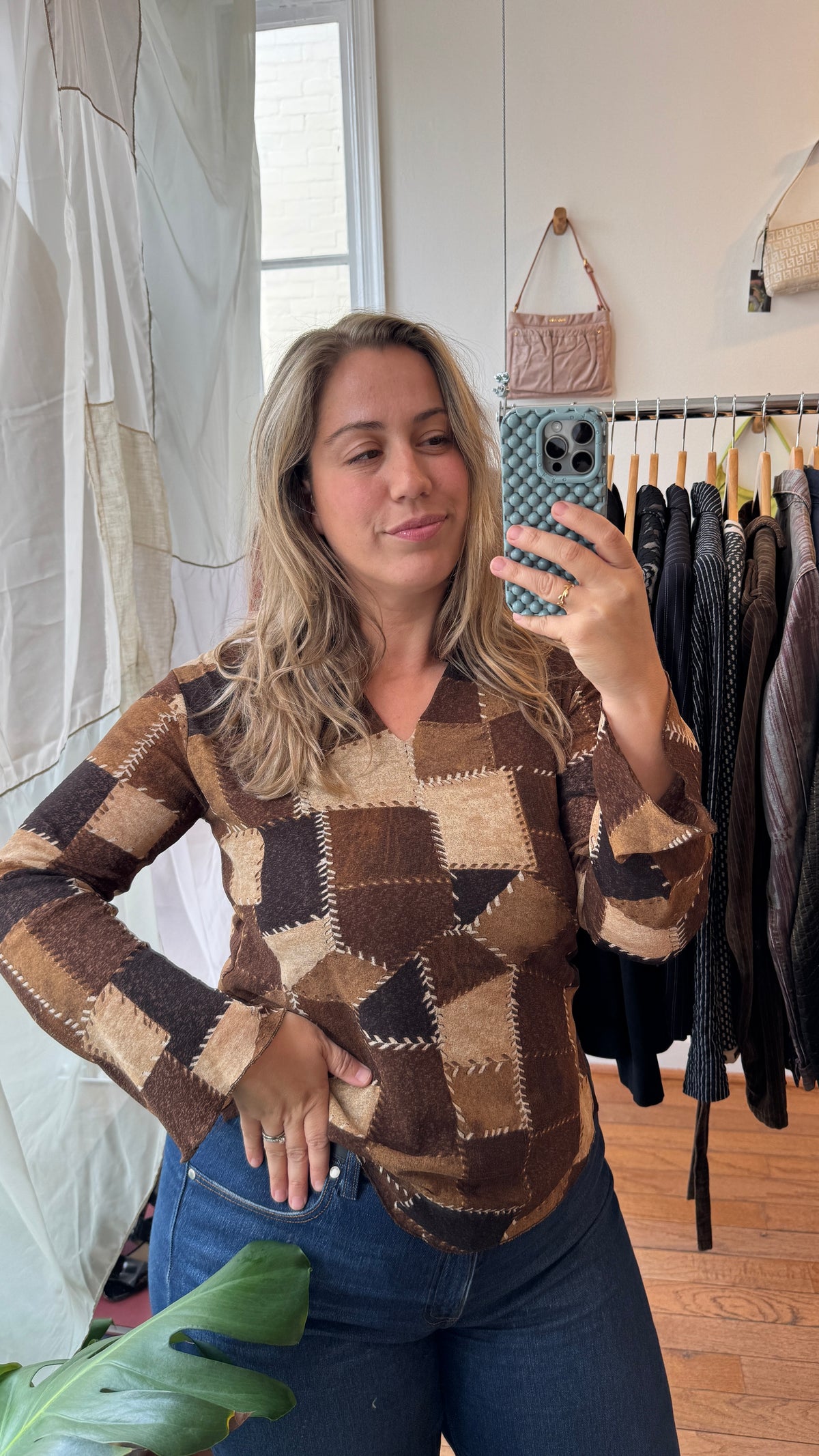 2000s EURO Brown Patchwork Print Mesh Top (L)