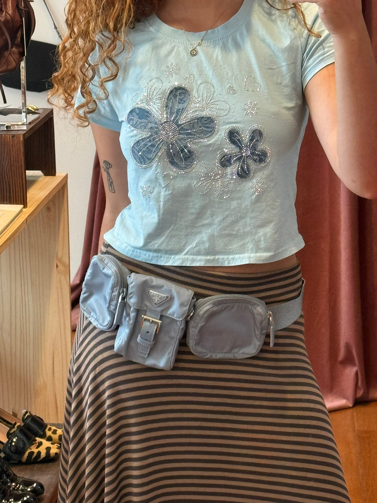 90s Rare PRADA Dusty Blue Tessuto Multi Pocket Waist Bag