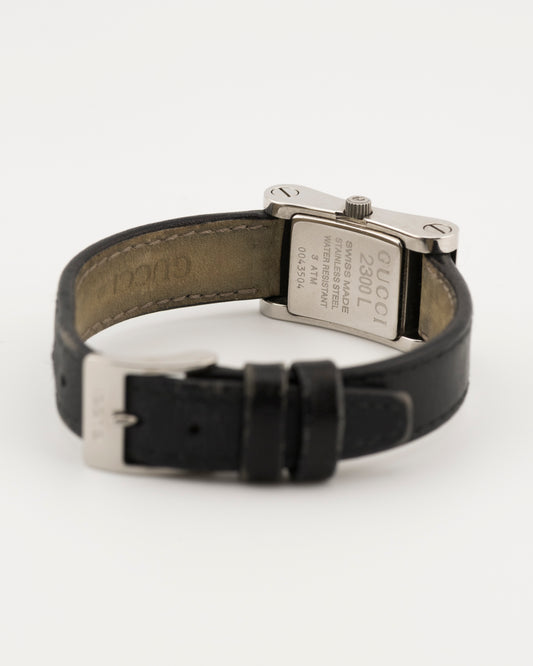 90s GUCCI 2300L Silver & Black Leather Watch