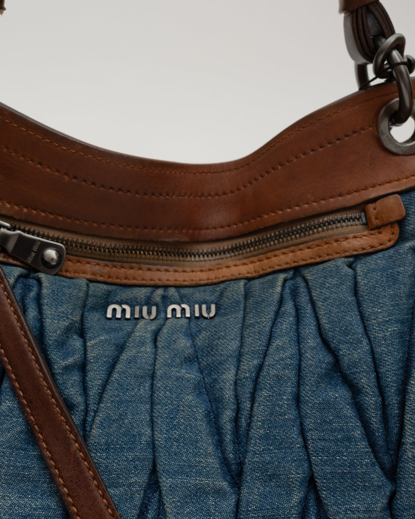 2000s MIU MIU Matelasse Denim+Brown Leather Two-Way Bag