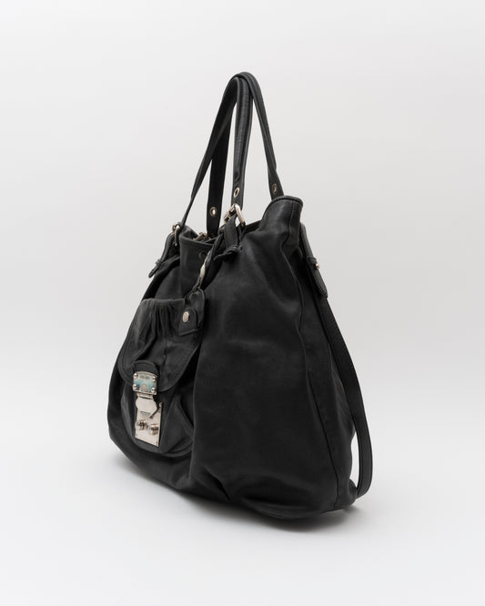 2000s MIU MIU Black Vitello Lux Front Pocket Hobo Bag