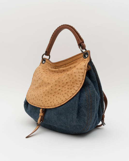 2000s MIU MIU Two Tone Blue Jean & Beige Ostrich Hobo Bag