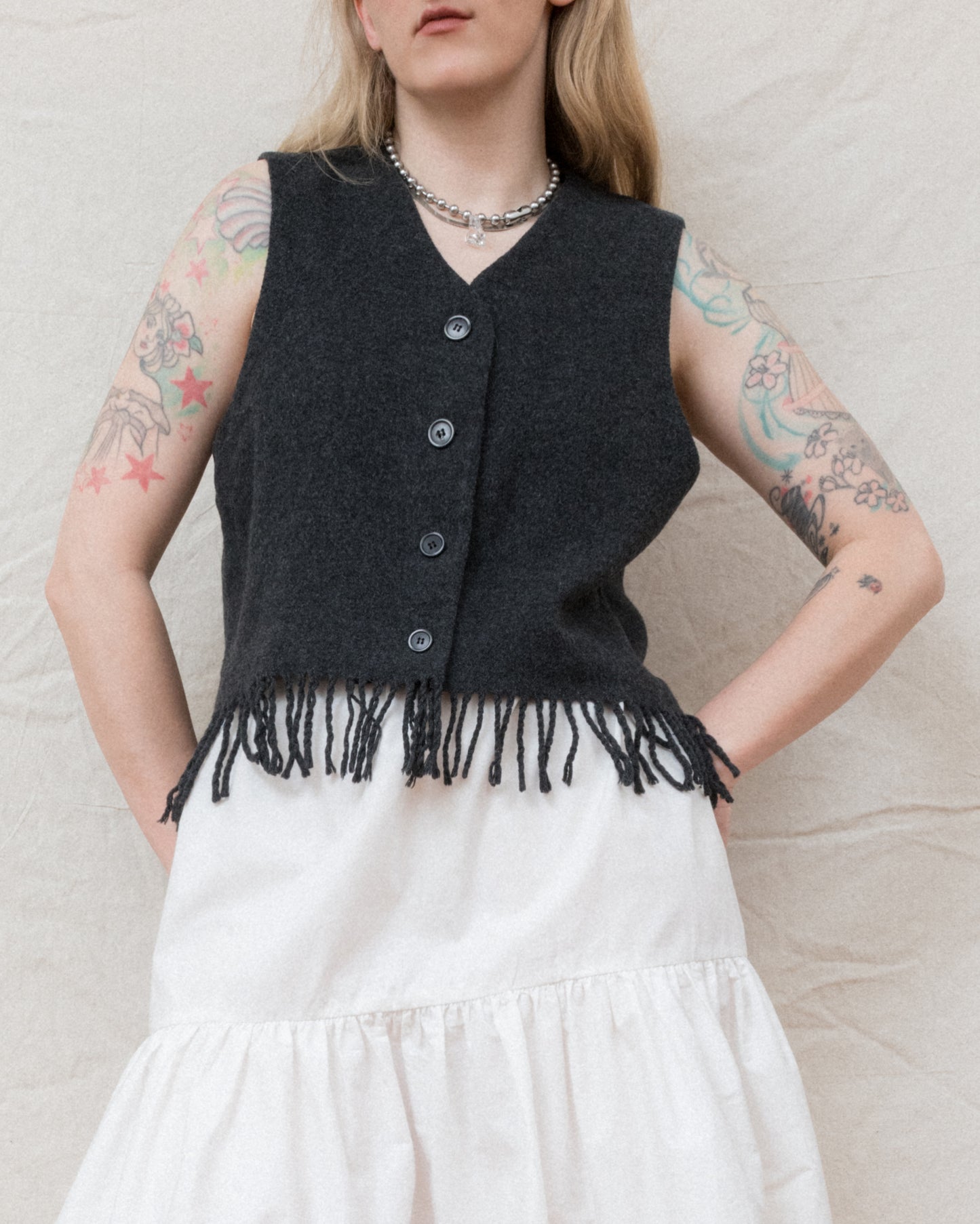 Vintage Grey Fringe Vest (S/M)