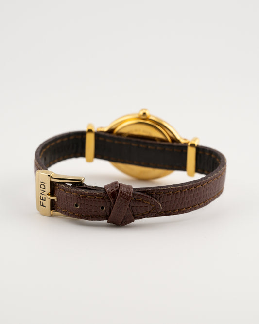 90s FENDI 640L Gold Watch w/Brown Leather Band