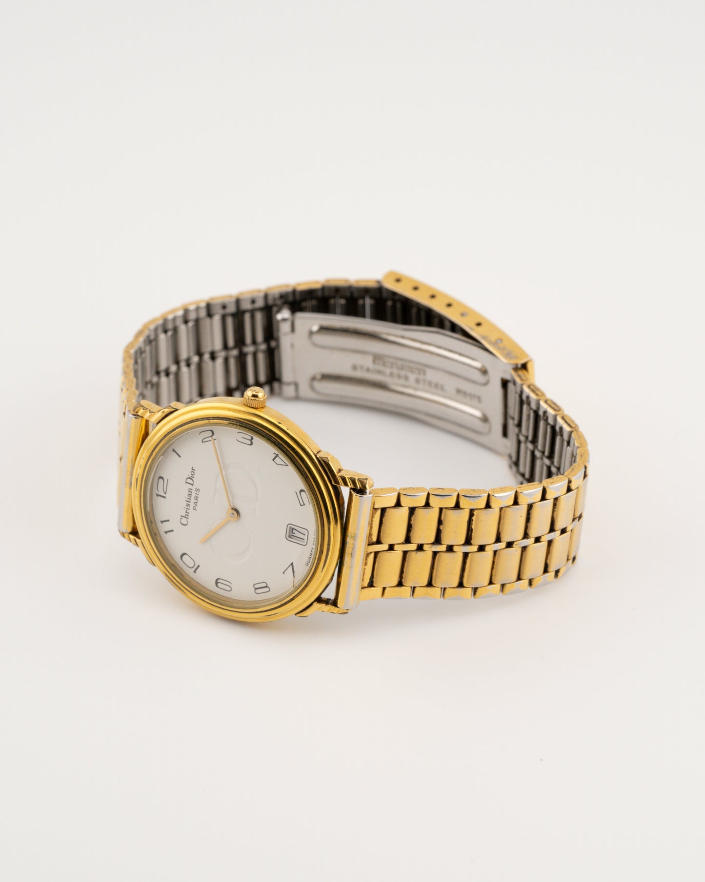 90s CHRISTIAN DIOR 45.122.3 Gold Round Watch w/Date Dial