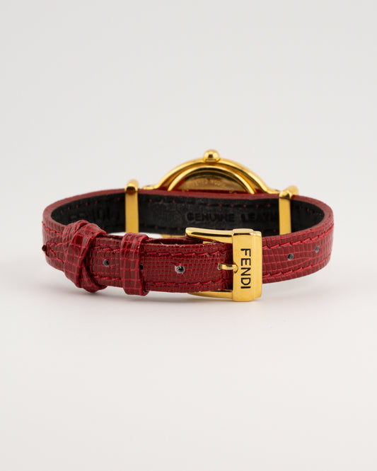 90s FENDI 640L Gold Watch w/Red Leather Band