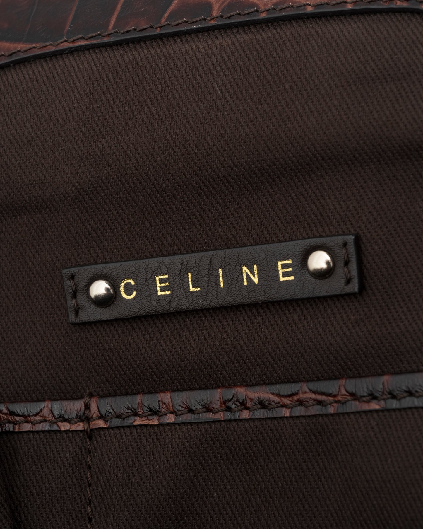 2000s CELINE Brown Triomphe Jacquard & Croc Bag