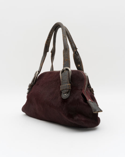 90s MIU MIU Maroon Pony Hair Crackled Mini Boston Bag