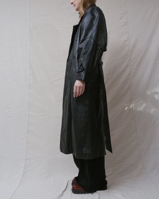 Vintage Black Leather Trench Coat (S/M)