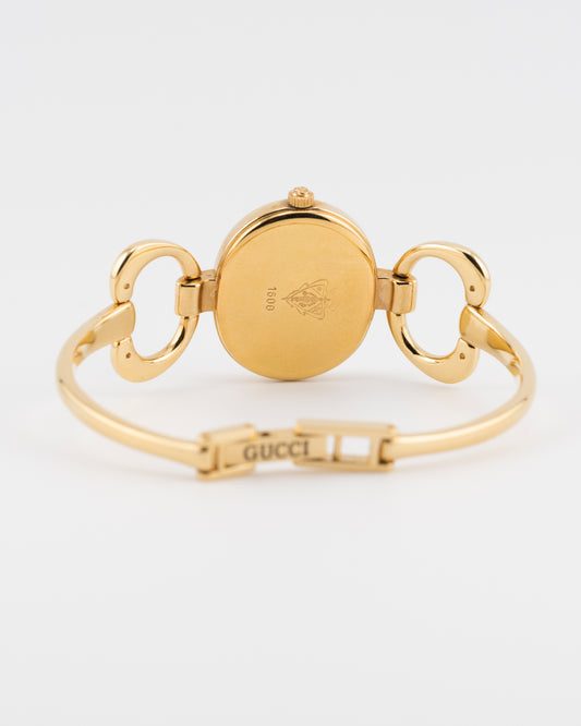 90s GUCCI 1600L Gold Horsebit Watch w/Black Dial