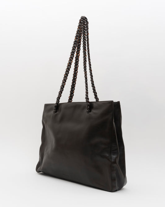 90s PRADA Deep Brown Nappa Leather Tortoiseshell Chain Tote