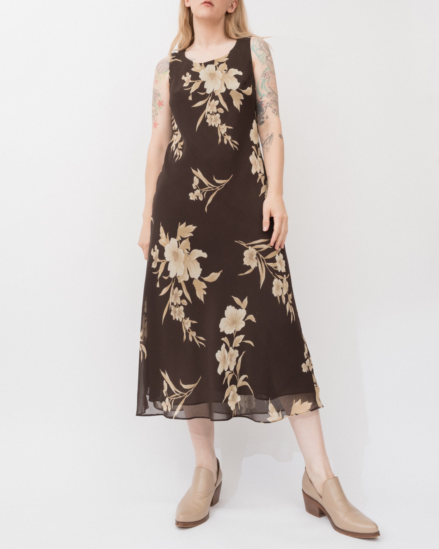 Vintage Brown Floral Chiffon Dress (S-L)