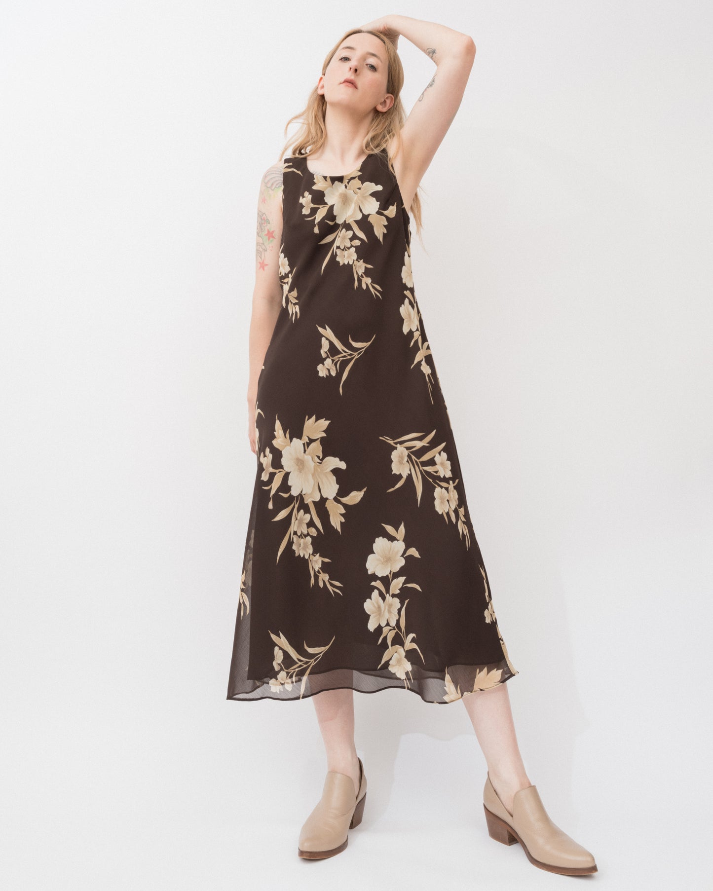 Vintage Brown Floral Chiffon Dress (S-L)