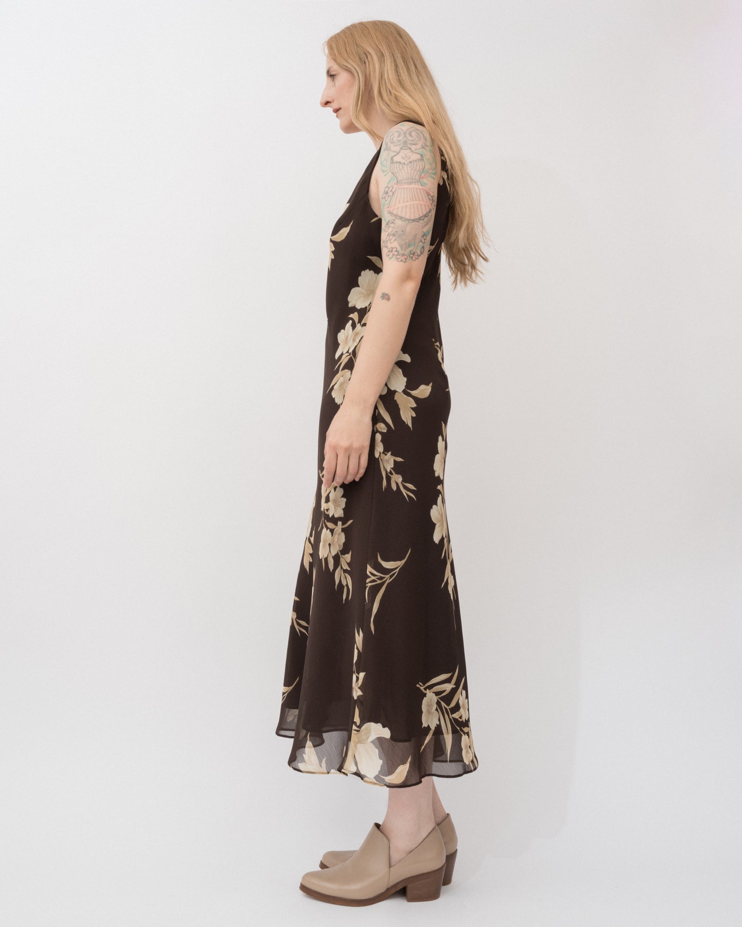 Vintage Brown Floral Chiffon Dress (S-L)