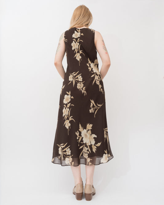 Vintage Brown Floral Chiffon Dress (S-L)