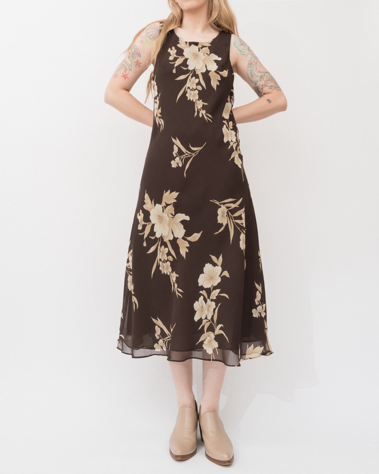 Vintage Brown Floral Chiffon Dress (S-L)
