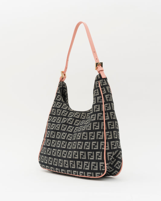 2000s FENDI Navy Zucchino Canvas Hobo Bag w/Pink Leather Trim