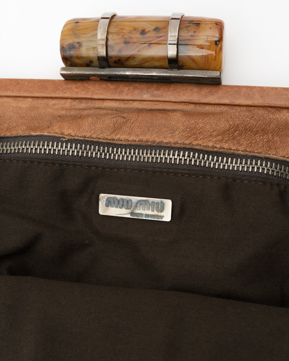 90s Rare MIU MIU Tortoiseshell Resin Clasp Tan Leather Frame Bag