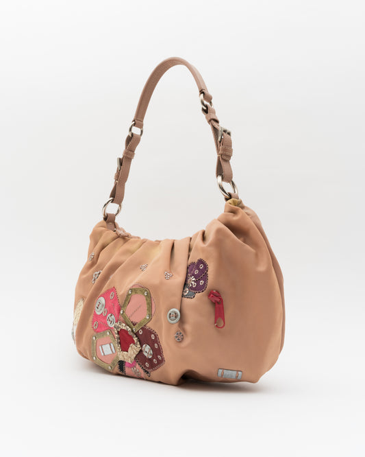 2000s Rare PRADA Appliqué & Embellished Blush Nylon Hobo Bag