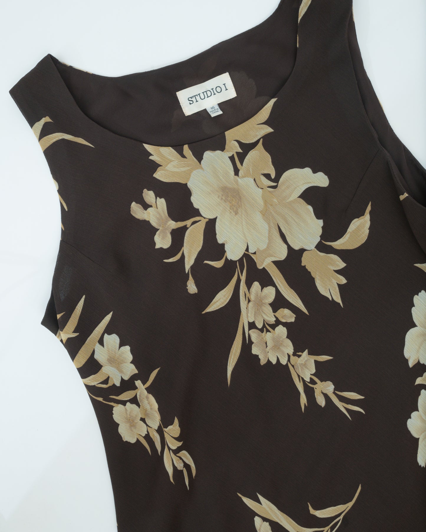 Vintage Brown Floral Chiffon Dress (S-L)