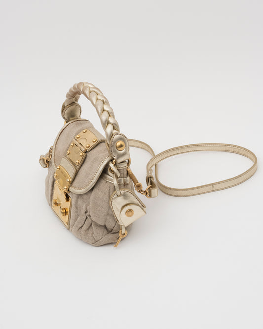 2000s MIU MIU Beige Canvas & Gold Metallic Leather Mini Coffer Bag