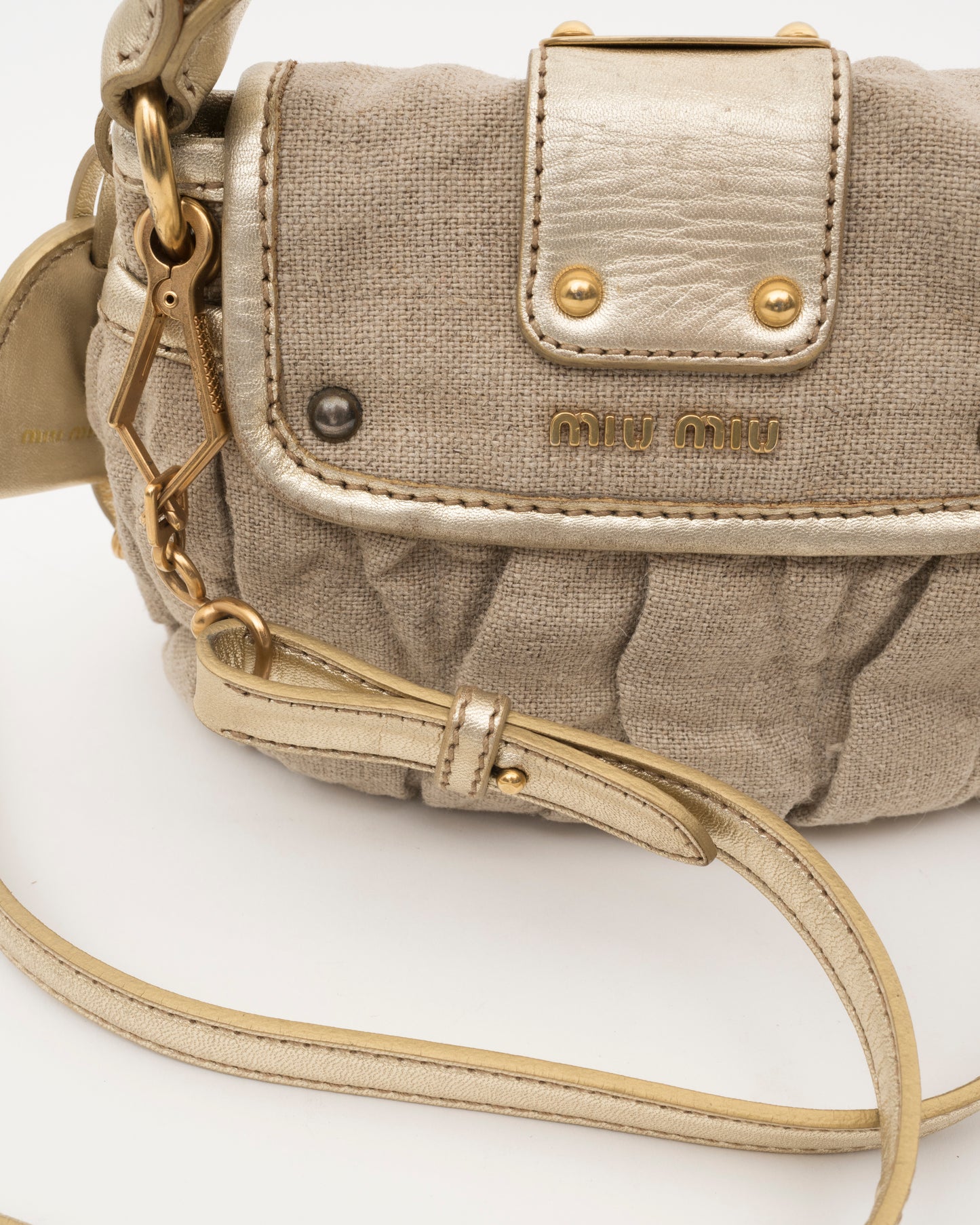 2000s MIU MIU Beige Canvas & Gold Metallic Leather Mini Coffer Bag