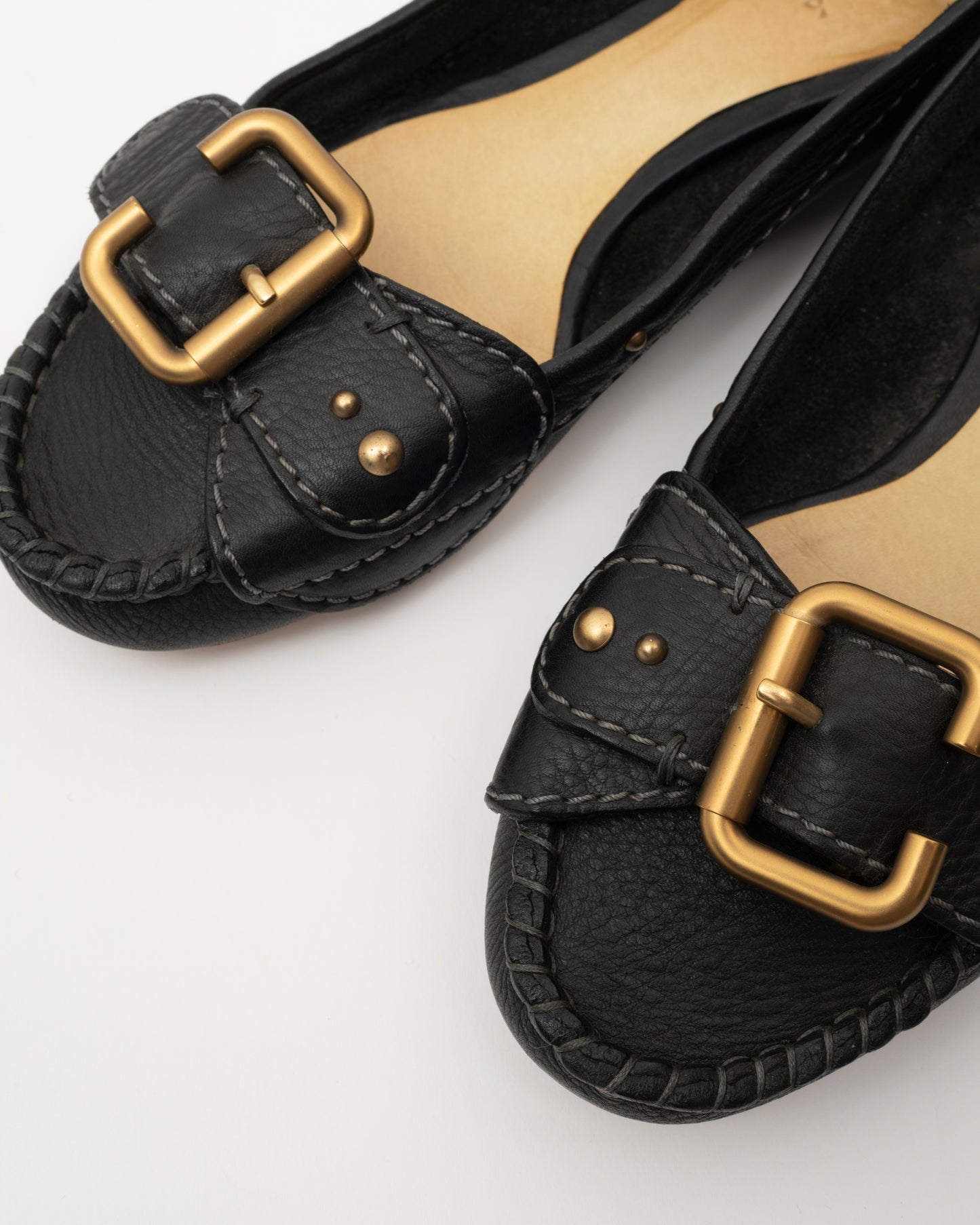 2000s CHLOE Black Leather Buckle Ballet Flats (37.5)
