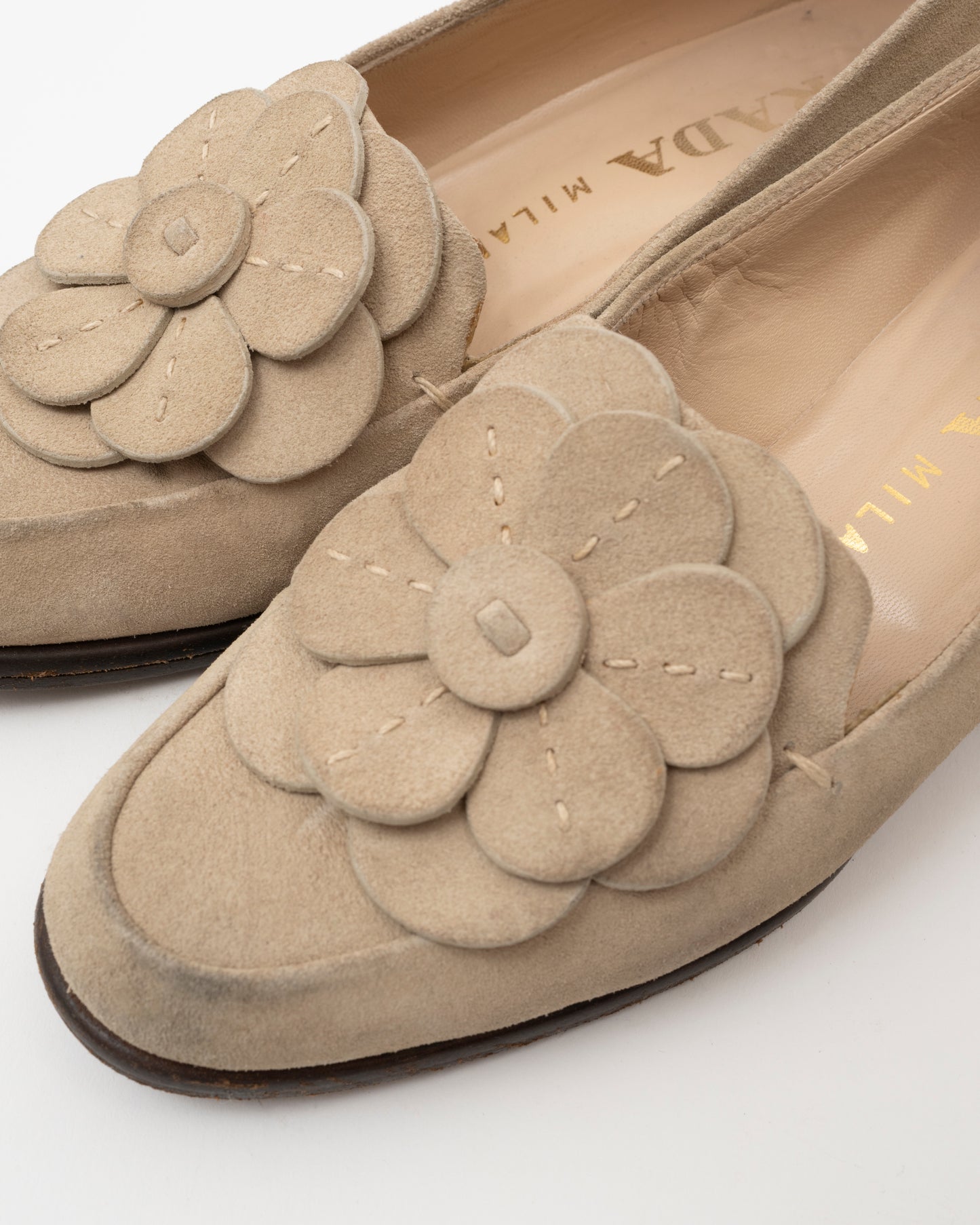 90s PRADA Beige Suede Flower Loafers (35)