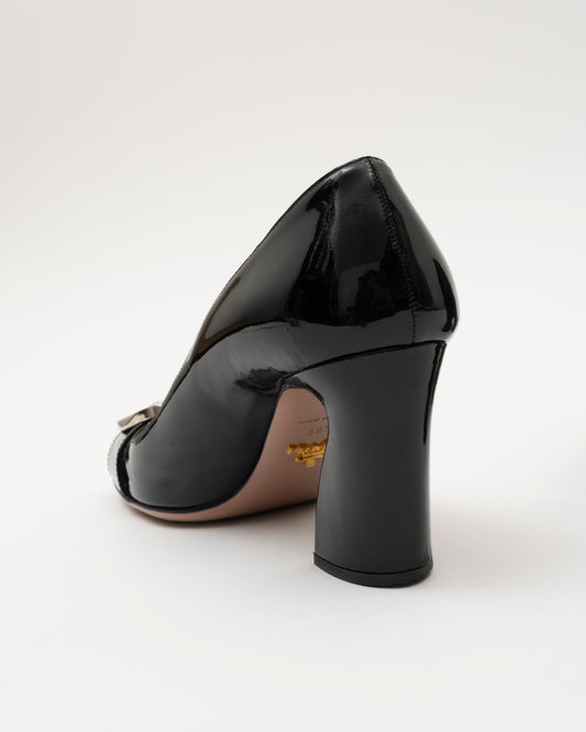 90s PRADA Black Patent Buckle Block Heels (39.5)