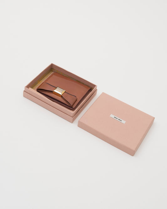 2000s MIU MIU Brown Patent Leather Bow Card Case w/Box