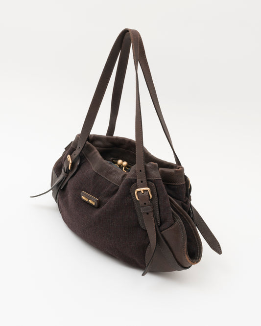 90s Rare MIU MIU Brown Wool & Leather Internal Kiss Lock Bag