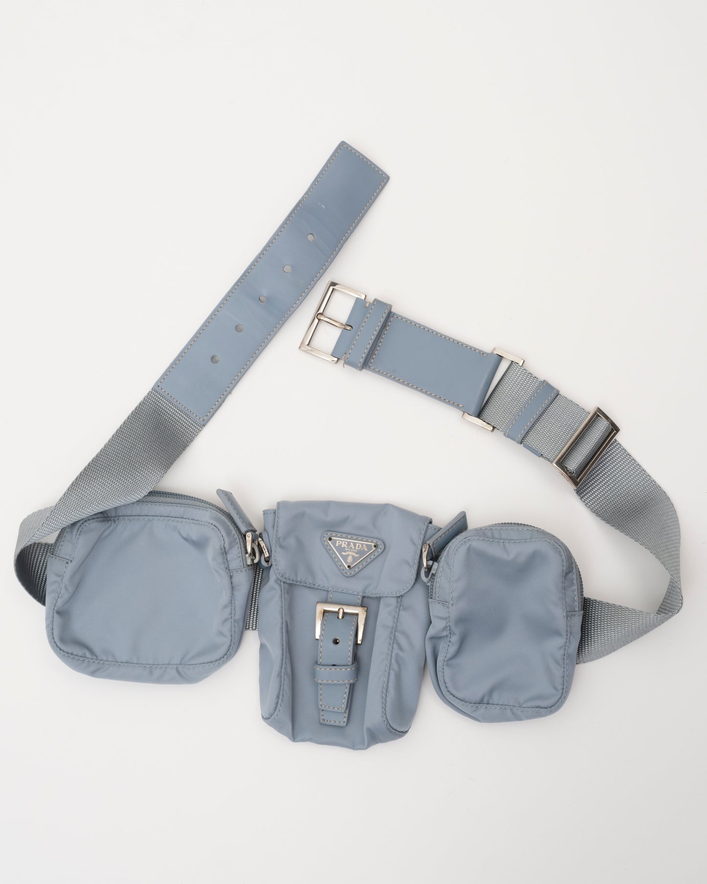 90s Rare PRADA Dusty Blue Tessuto Multi Pocket Waist Bag
