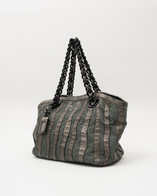 2000s PRADA Grey Metallic Nappa & Green Tessuto Waves Bag