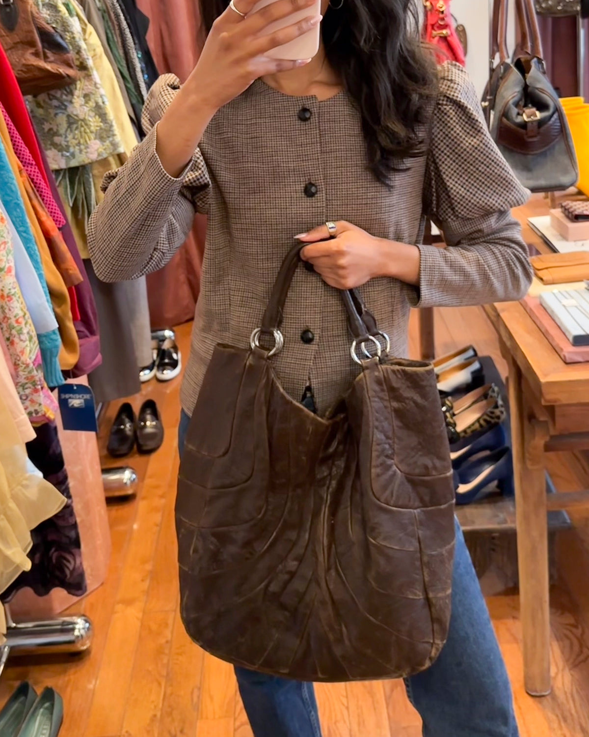 2000s MIU MIU Chocolate Distressed Patchwork Hobo Bag