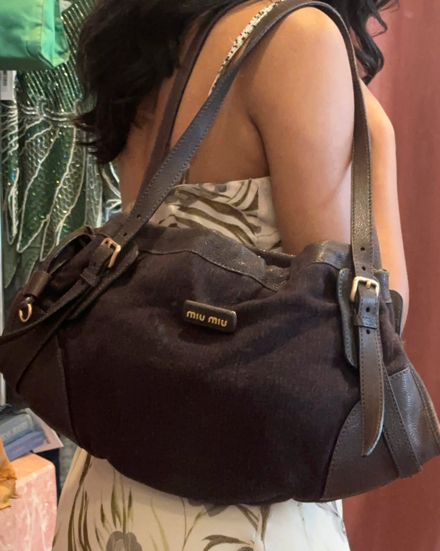 90s Rare MIU MIU Brown Wool & Leather Internal Kiss Lock Bag