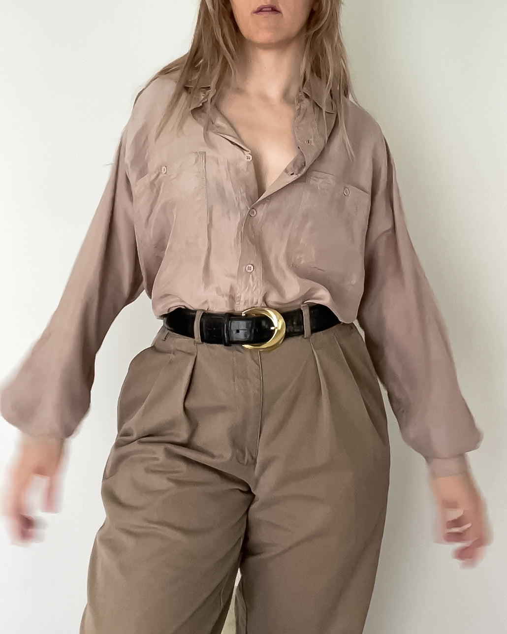 Vintage Taupe Silk Blouse (S/M)