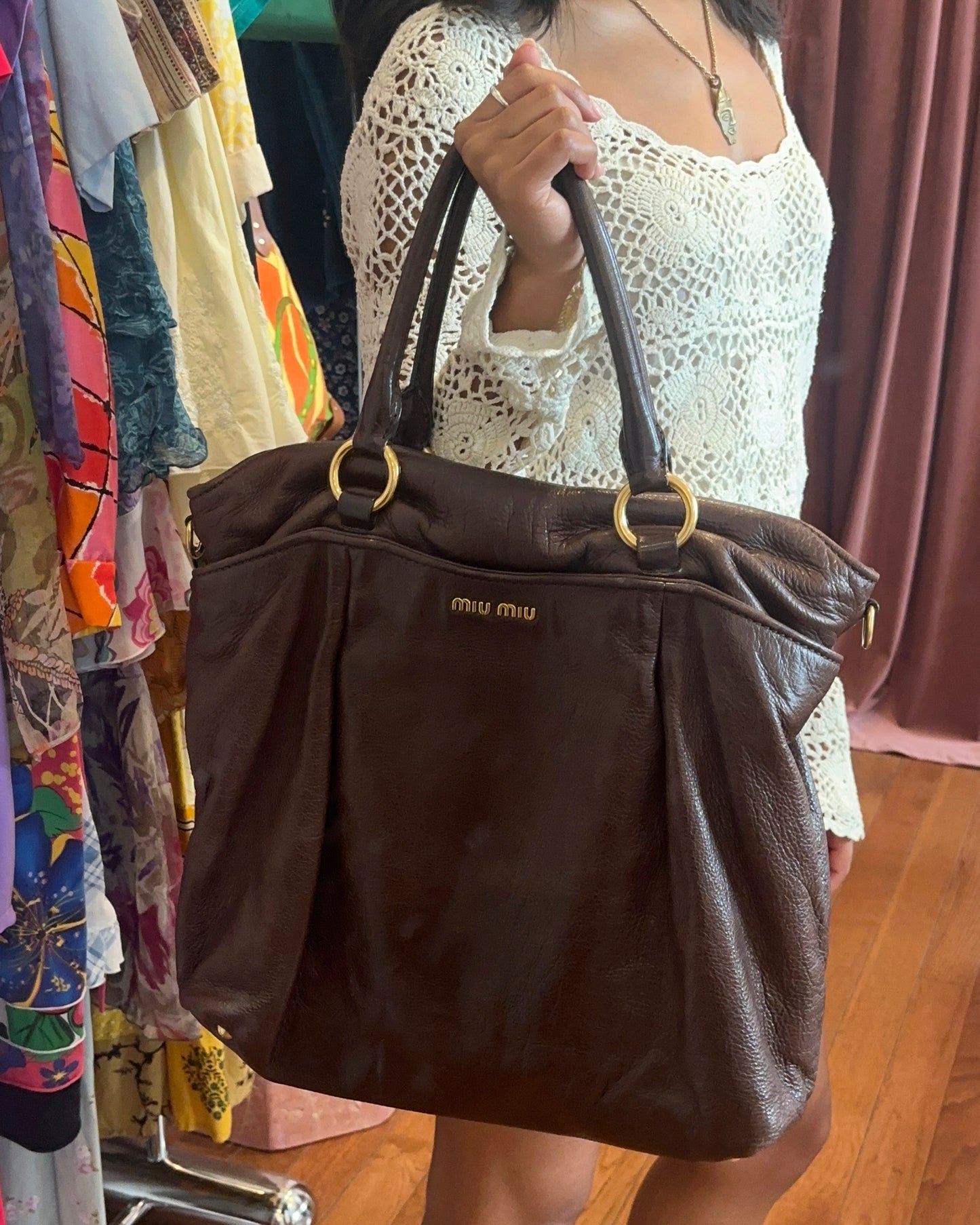 2000s MIU MIU Chocolate Brown Vitello Lux Turn-Lock Bag