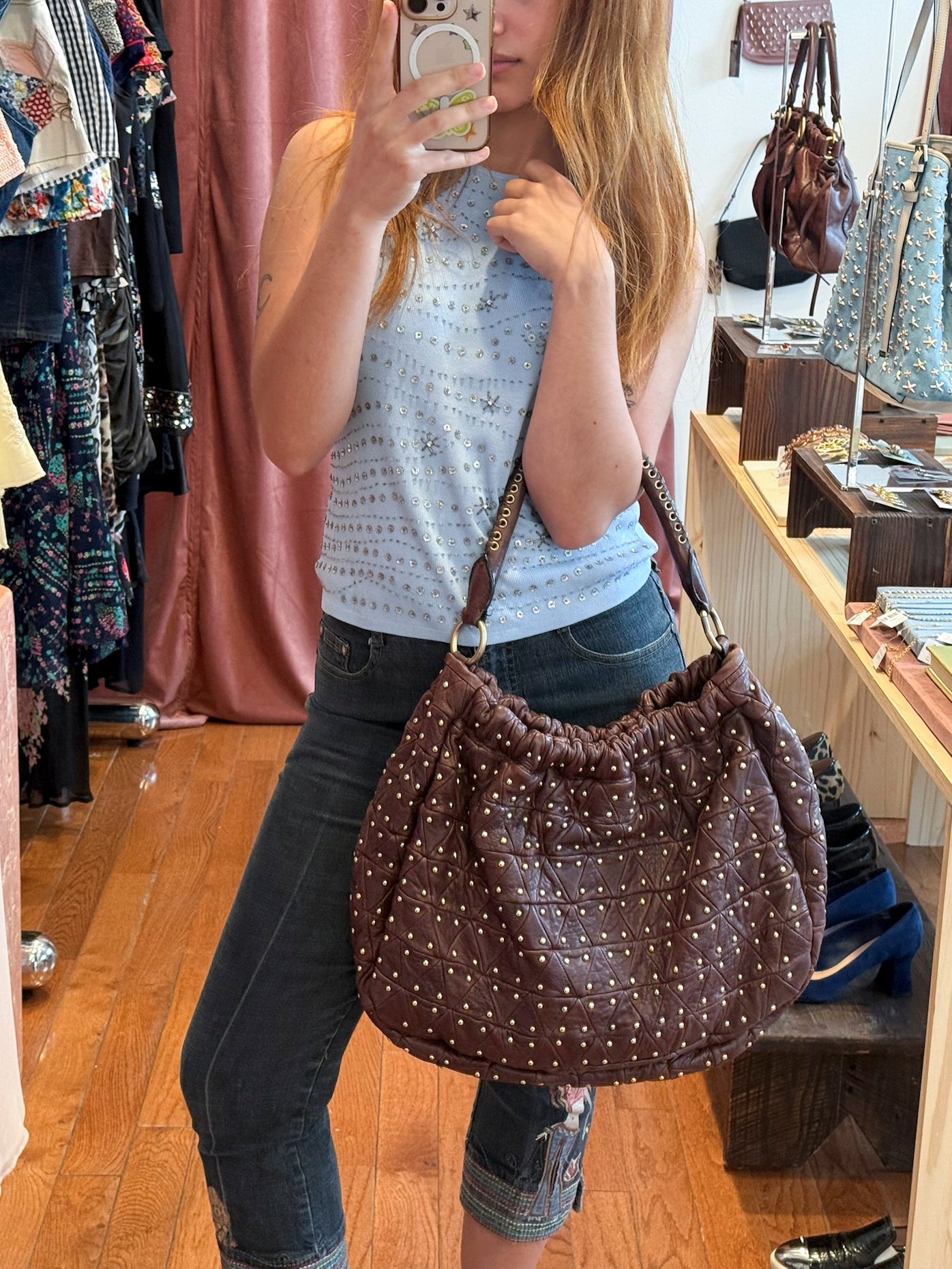 2000s MIU MIU Studded Brown Quilted Leather Bag