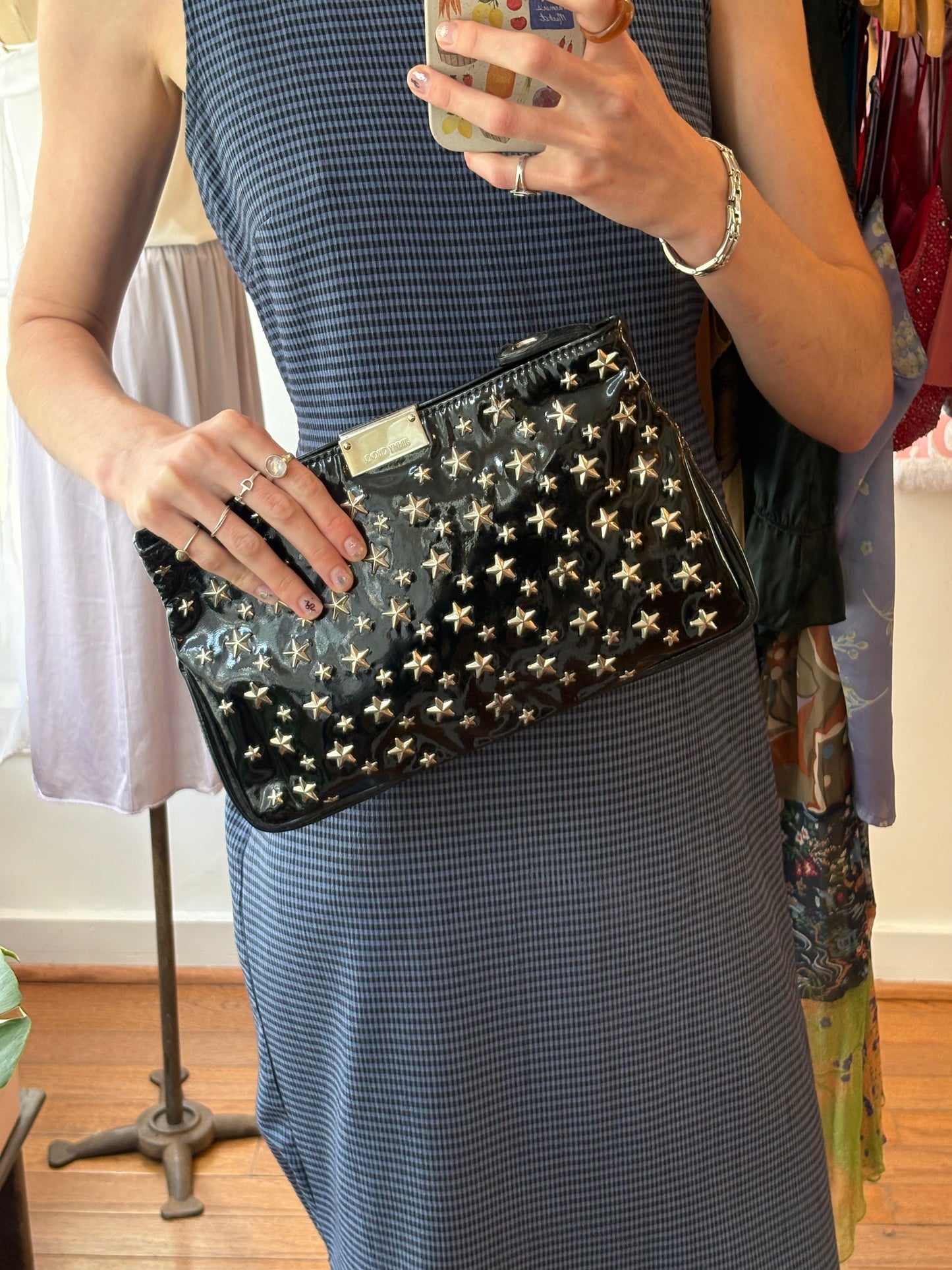 2000s JIMMY CHOO Black Patent Leather Star Studded Clutch