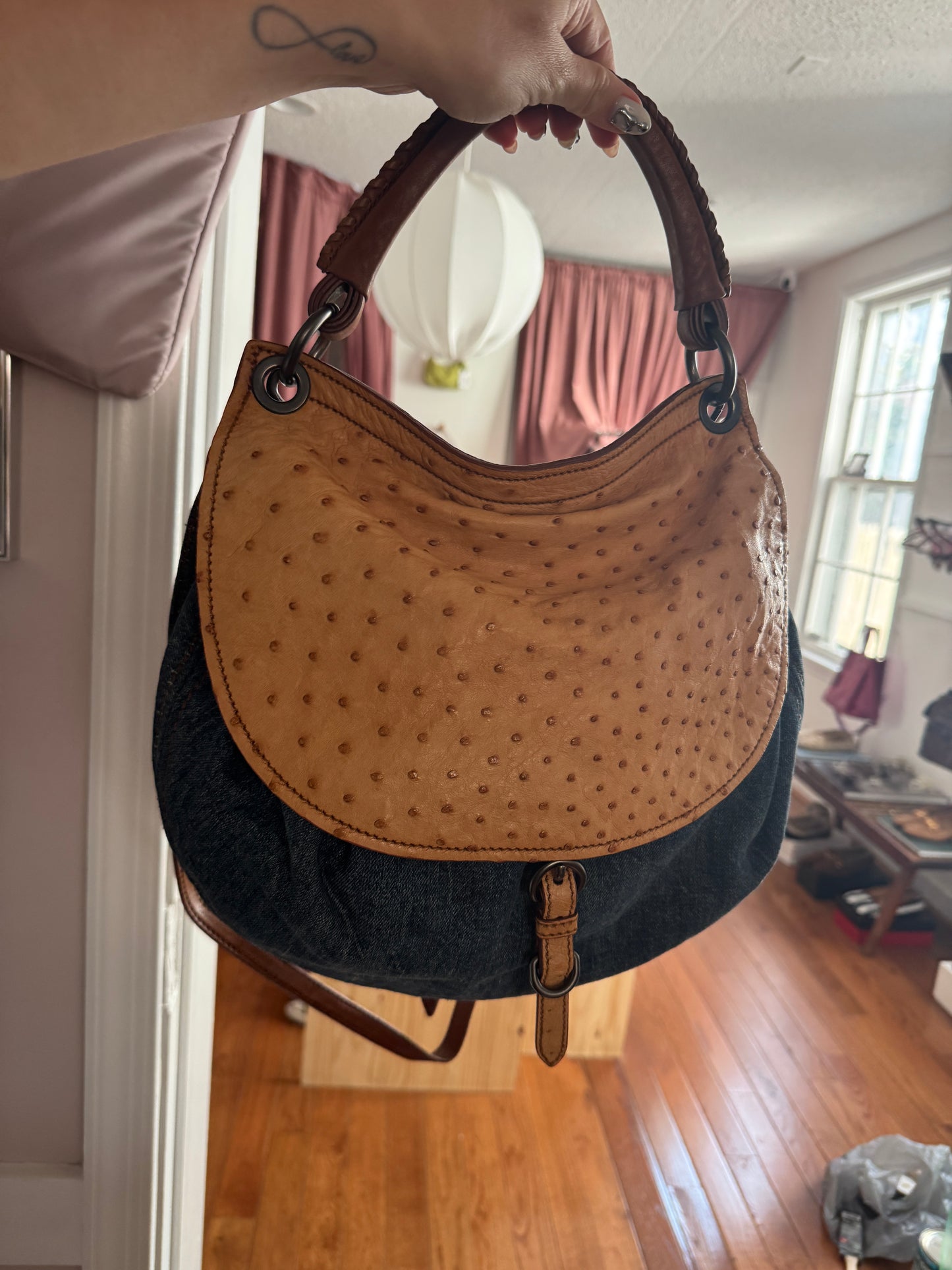 2000s MIU MIU Two Tone Blue Jean & Beige Ostrich Hobo Bag