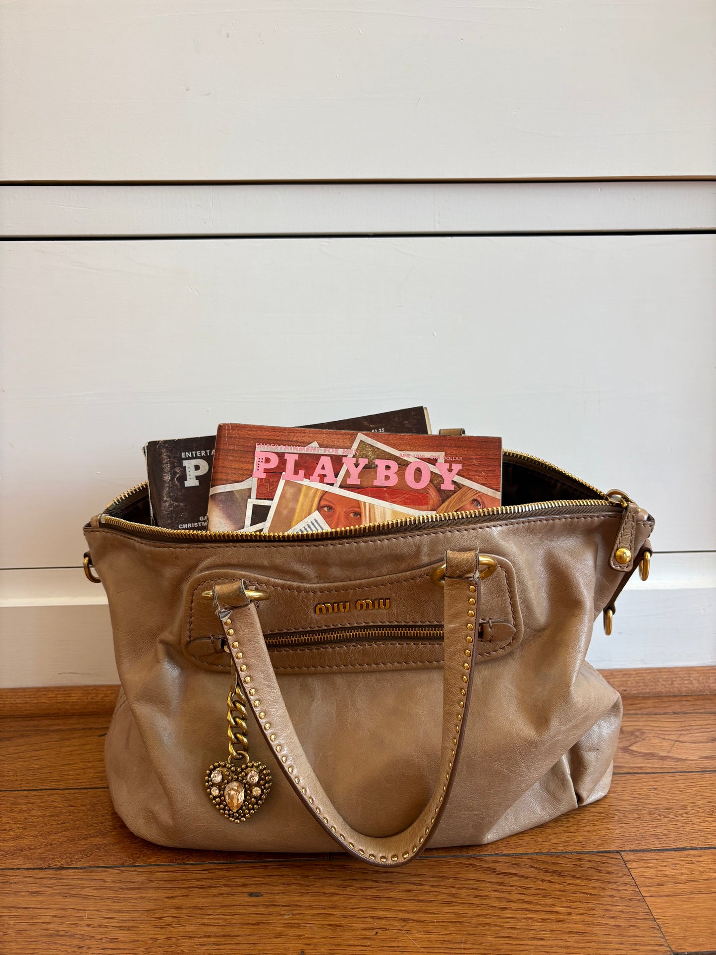 2000s MIU MIU Tan Vitello Leather Bag w/Heart Charm