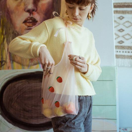 Luxurious Organza Strawberries Embroidered Tote - Closed Caption | Shop Vintage + Handmade. Always Sustainable. Never Wasteful.