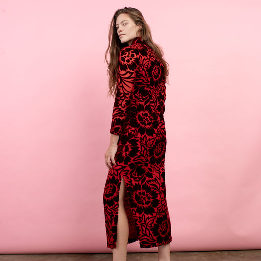 Vintage 60s Red Floral Flocked Velvet Maxi Dress (M) - Closed Caption | Shop Vintage + Handmade. Always Sustainable. Never Wasteful.