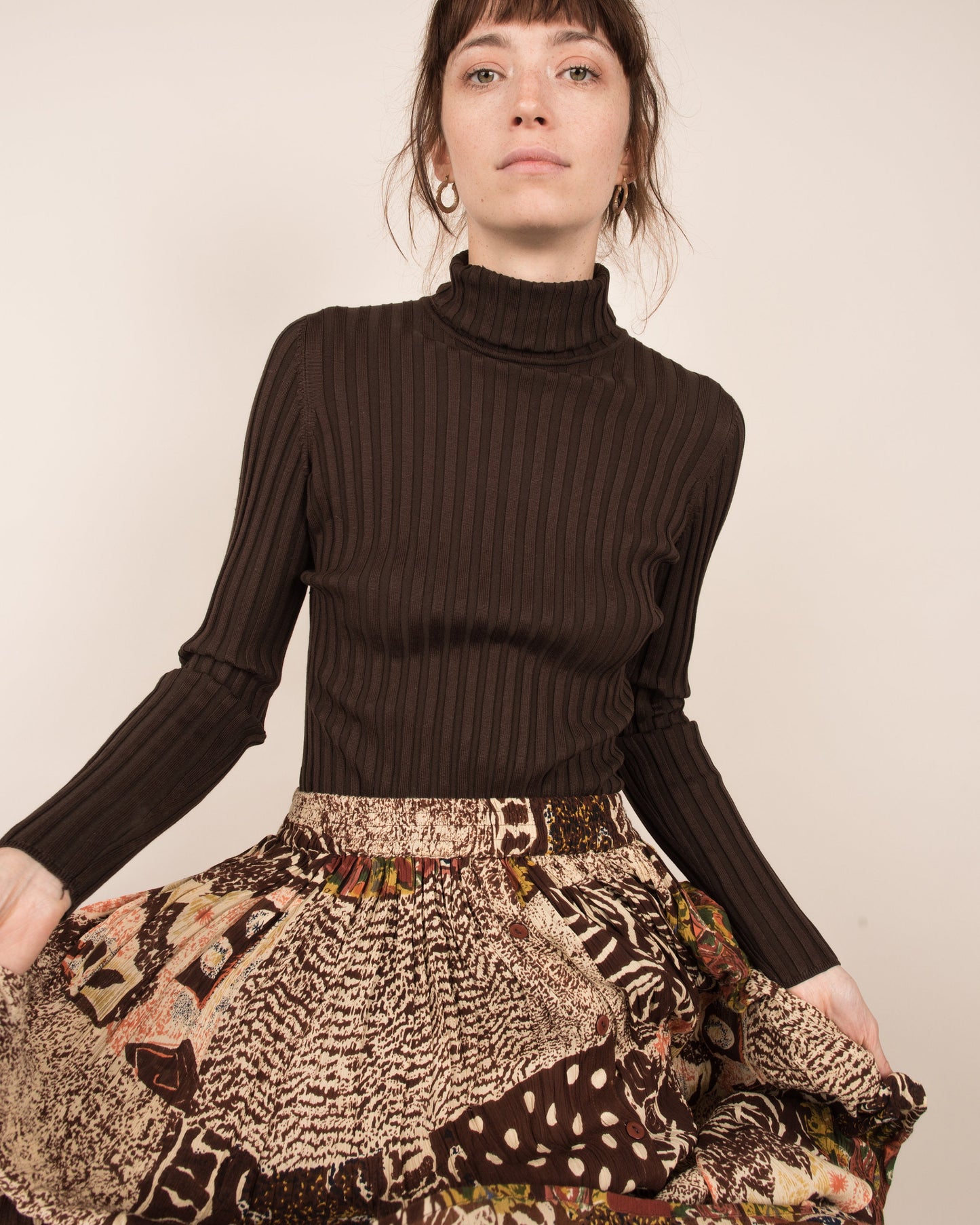 Vintage Earthtone Abstract Crinkle Flowy Maxi Skirt / S