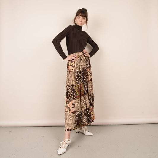 Vintage Earthtone Abstract Crinkle Flowy Maxi Skirt / S