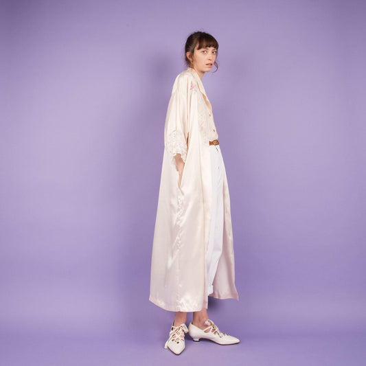 Vintage Creme Satin Lace + Floral Details Duster (S-L)