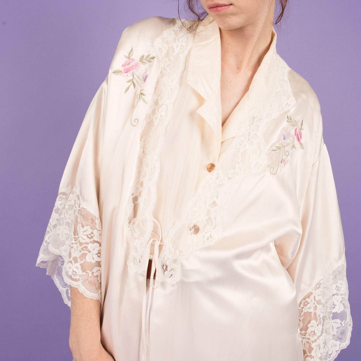 Vintage Creme Satin Lace + Floral Details Duster (S-L)