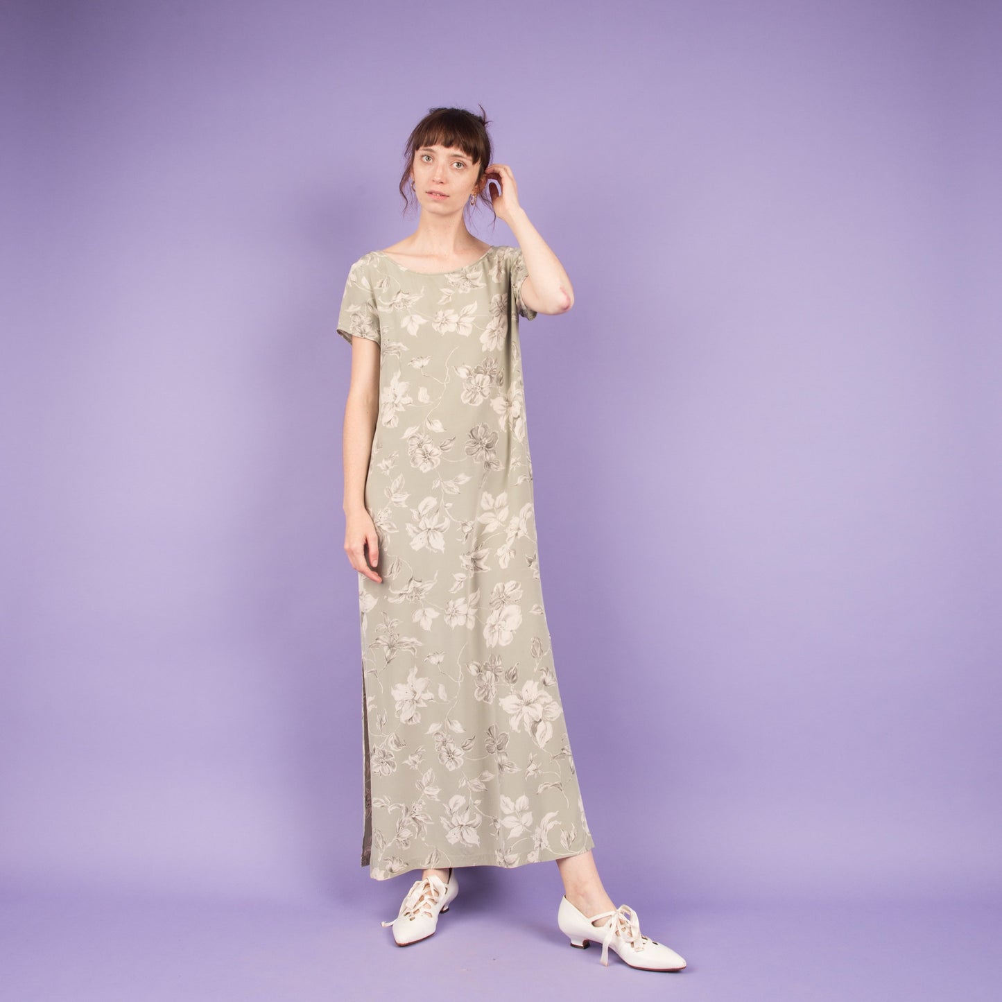 Vintage Mint + Creme Floral Silk Maxi Dress (S/M)